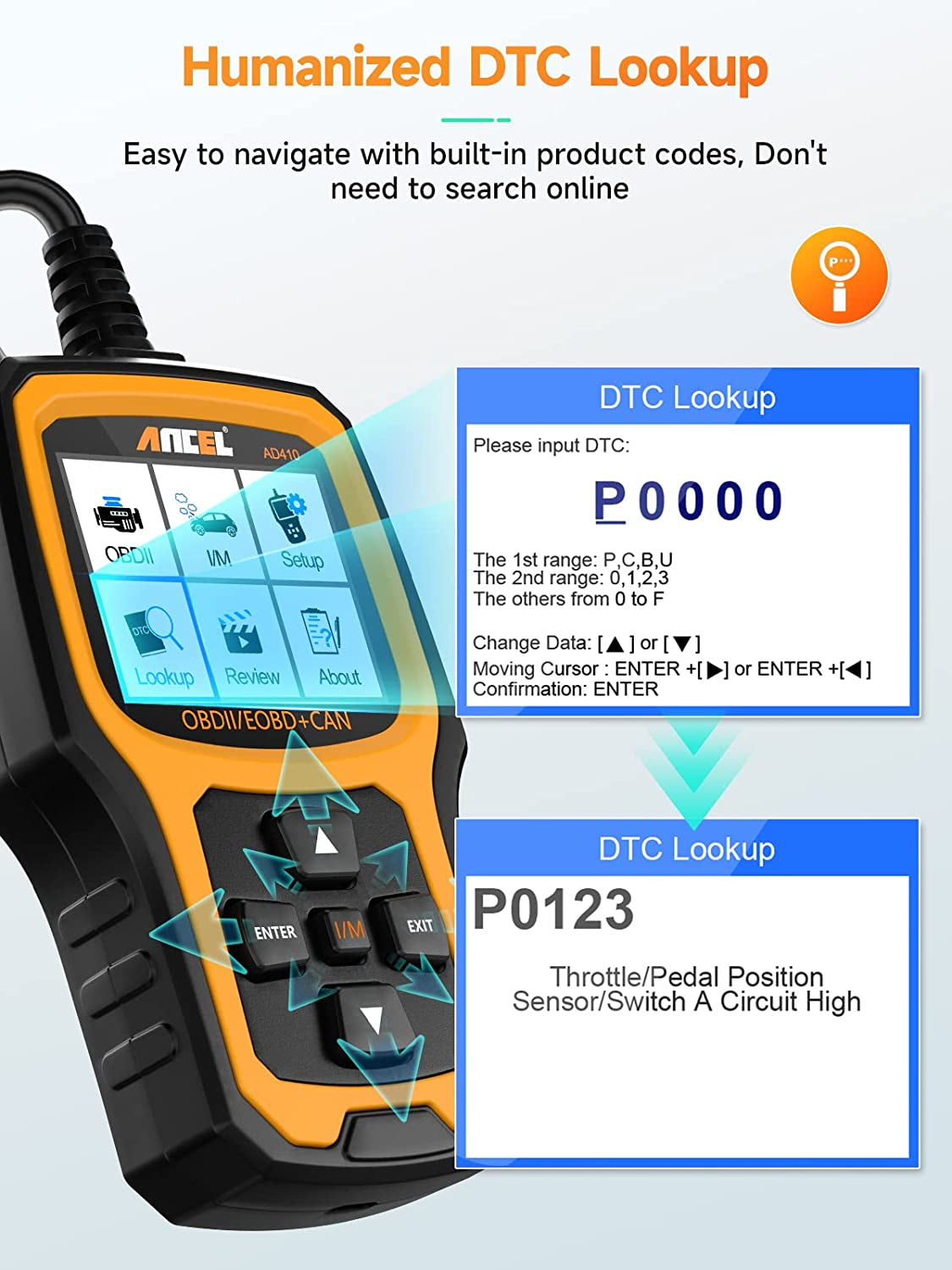 AD410 Enhanced OBD II Vehicle Code Reader Automotive OBD2 Scanner Auto Check Engine Light Scan Tool (Black/Yellow)