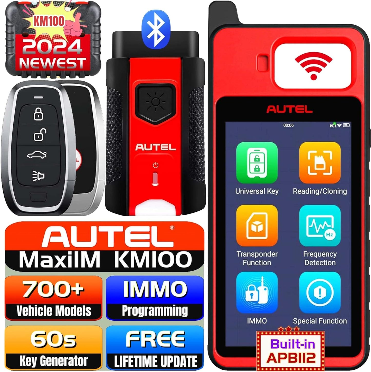 Maxiim KM100 Key Fob Programming Tool, Lifetime Free Updates, Lite of IM508 S IM608 PRO, 60S Key Generation, OBD IMMO Learning on 99% Cars, Built-In APB112, 2PCS Ikeys