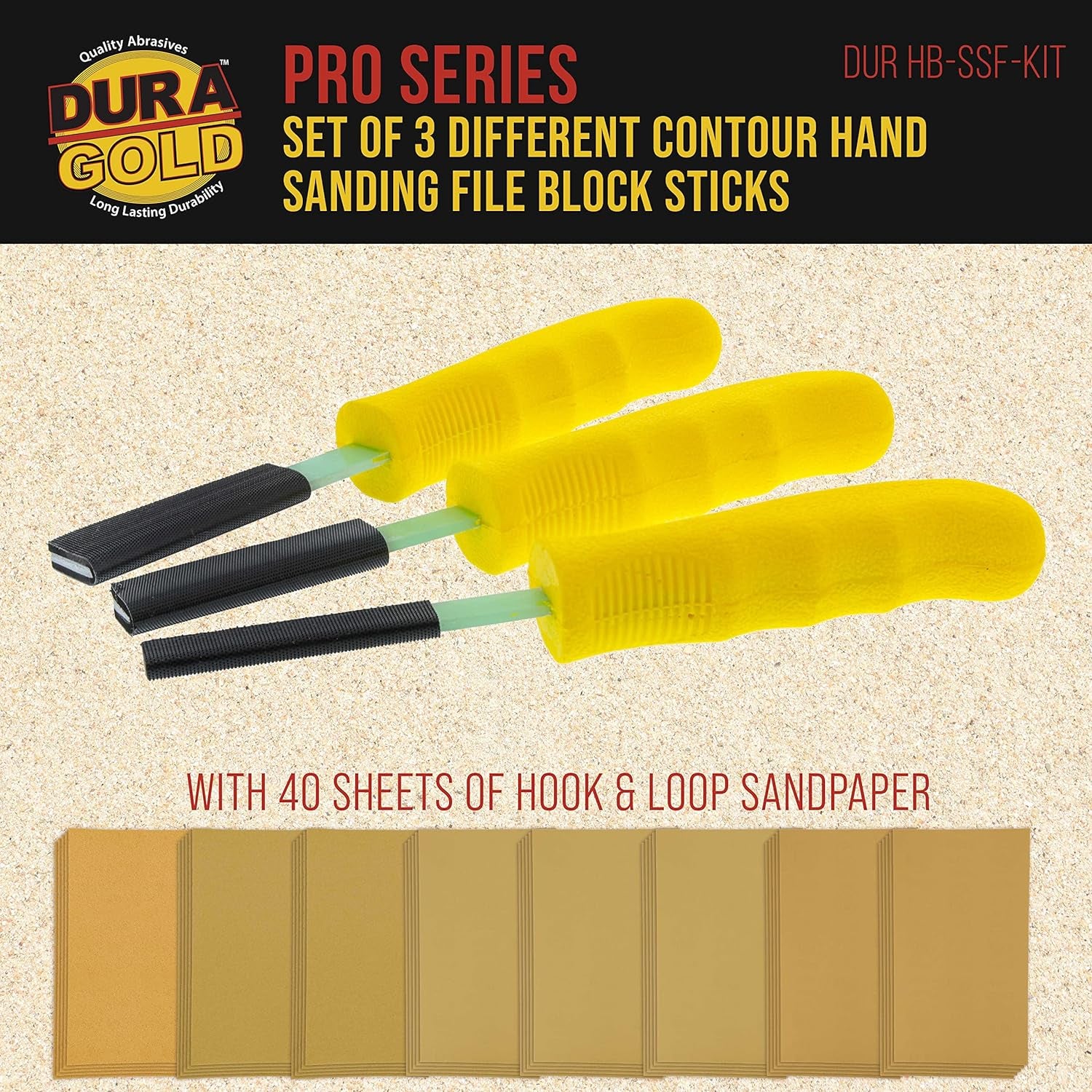 Sanding Stick Kit with Ergo Handle Yellow Flat with 40 Sheet Sandpaper Starter Kit