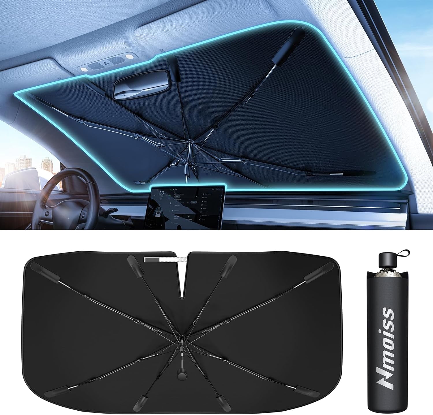 [2024 Upgrade]  Windshield Sun Shade Umbrella for Car - [Newest Vinyl Coating] Protect Car from Sun Rays & Heat Damage Keep Cool and Protect Interior, Spring Structure Edge Medium (56"L X 33"W)