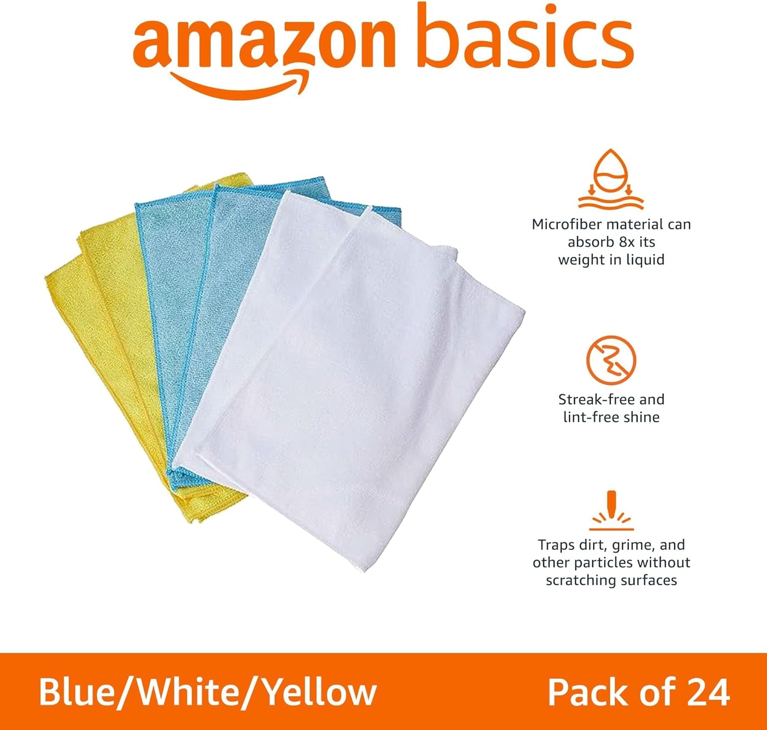 Professional title: " Microfiber Cleaning Cloths - Pack of 24, Non-Abrasive, Reusable, Washable, 16" x 12", Blue/White/Yellow"