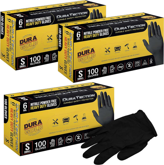 HD Black Nitrile Disposable Gloves, 3 Boxes of 100, Size Small, 6 Mil - Latex Free, Powder Free, Textured Grip, Small (Pack of 300)