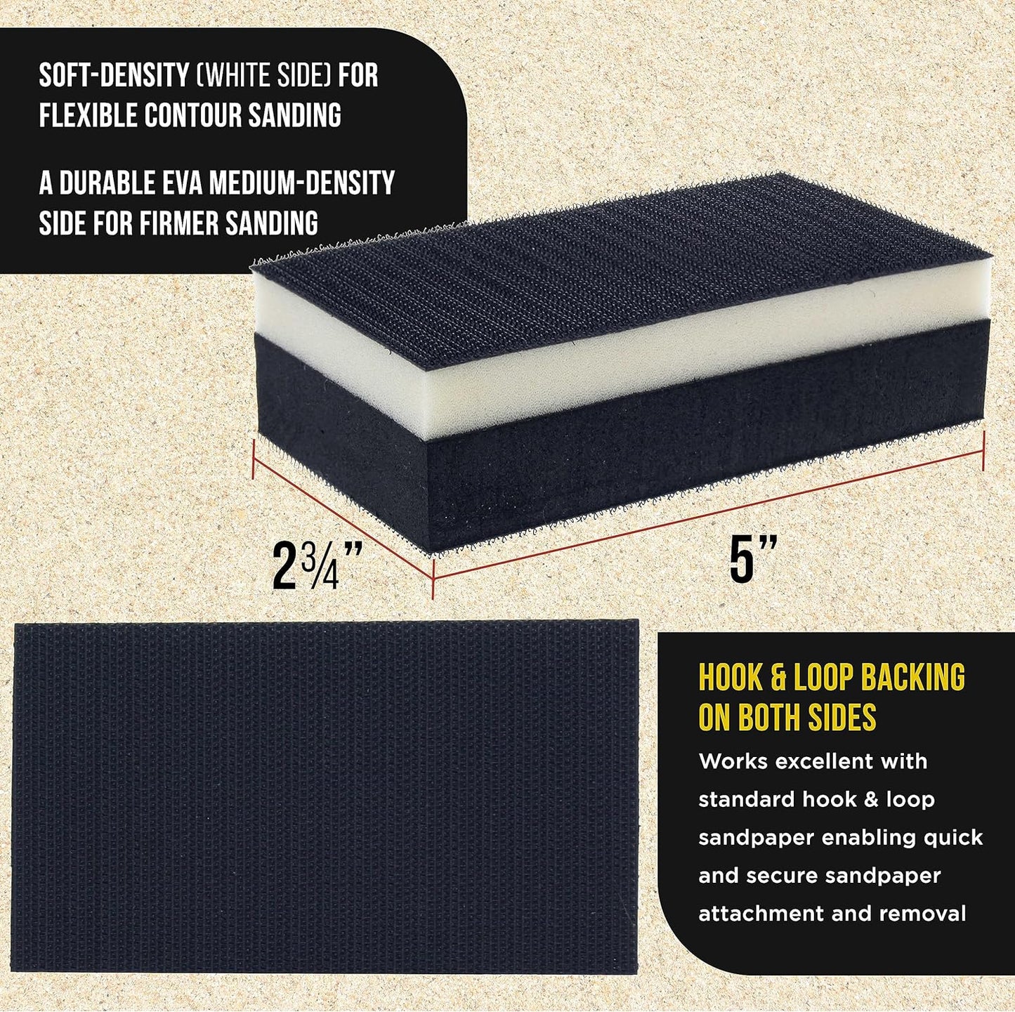 Pro Series Rectangle 5" X 2-3/4" Dual Density 2 Sided EVA Sanding Block, Hook & Loop Backing, 2 Pack - PSA Sandpaper Conversion Adapter Pad - Automotive Paint Prep Sand Woodworking Furniture