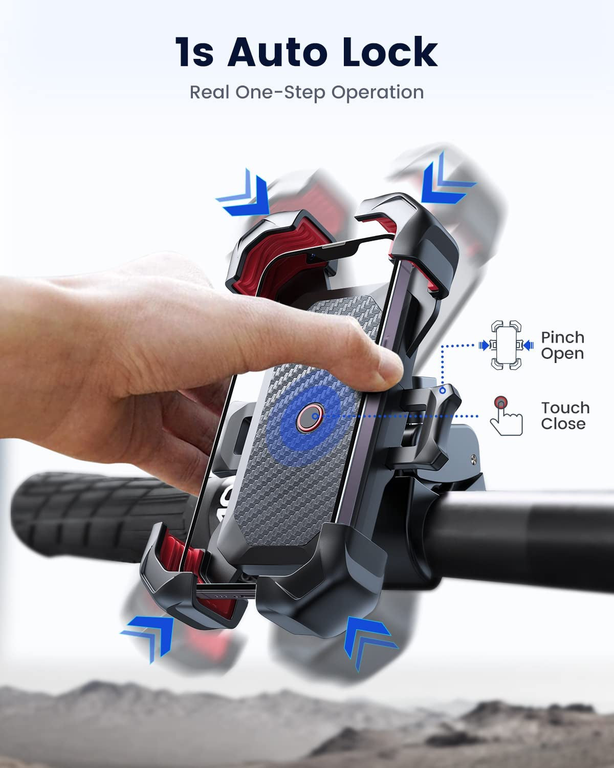 Motorcycle Phone Mount, [1S Auto Lock][100Mph Military Anti-Shake] Bike Phone Holder for Bicycle, [10S Quick Install] Handlebar Phone Mount, Compatible with Iphone, Samsung, All Cell Phone