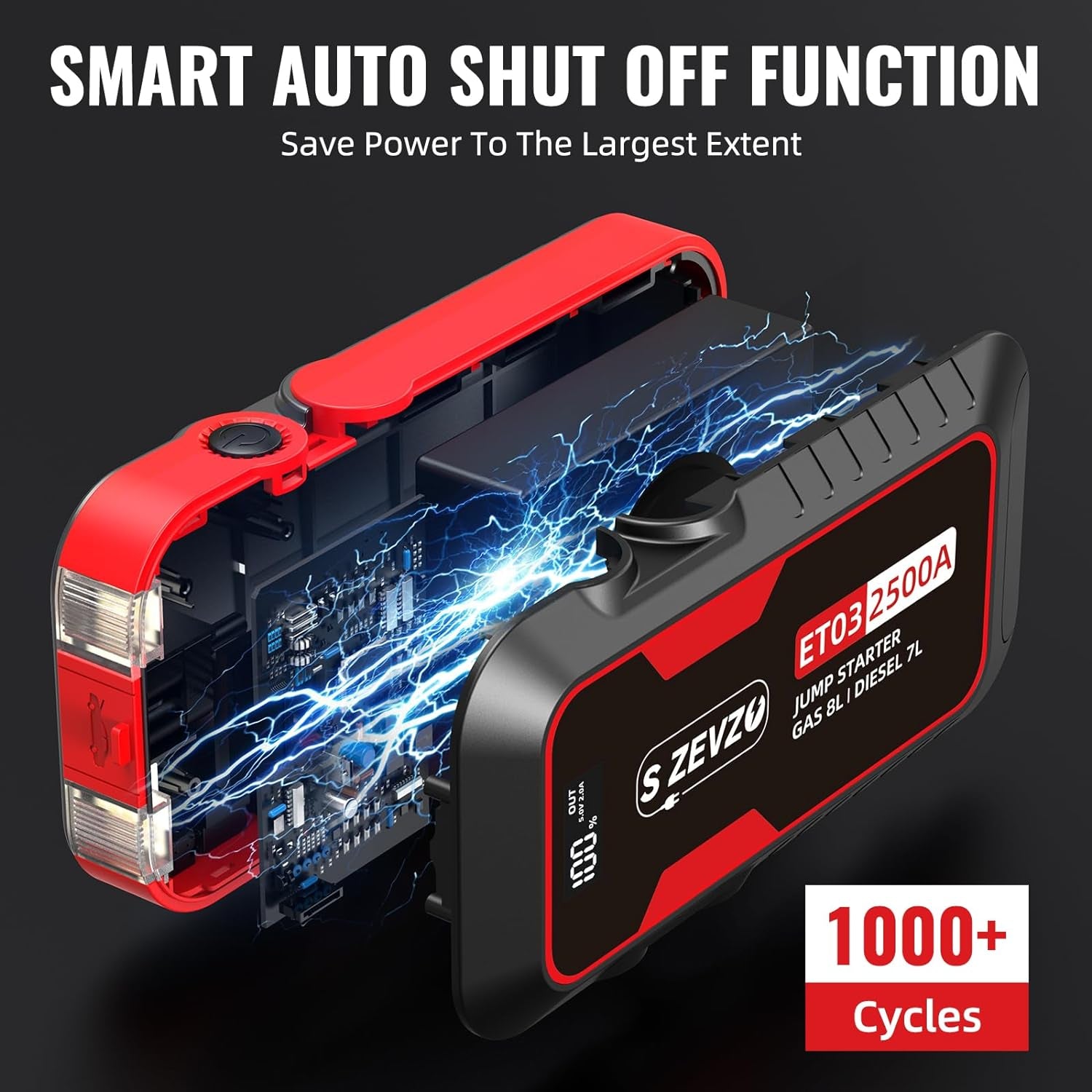 ET03 Car Jump Starter 2500A Jump Starter Battery Pack for up to 8.0L Gas and 7.0L Diesel Engines, 74Wh Portable 12V Jump Box with USB Ports, LCD Display, Storage Case, and LED Light